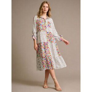 NWOT John Mark Print Tie Sleeve Button Front Midi Dress Size M